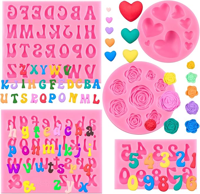 CLUEWR 5 PCS Silicone Letter Molds, Non-Stick Number Heart Rose Flower Fondant Molds for Chocolate, Candy, Cake Decoration, Cupcake Topper