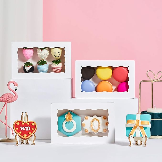 RomanticBaking 100 Pack Auto-Popup 7 x 4 3/8 x 1 1/2 Cookies boxes for 2 Macaron Boxes White Chocolate Covered Ore Boxes Pastry Boxes Cakesickle Boxes Bakery Boxes with Window
