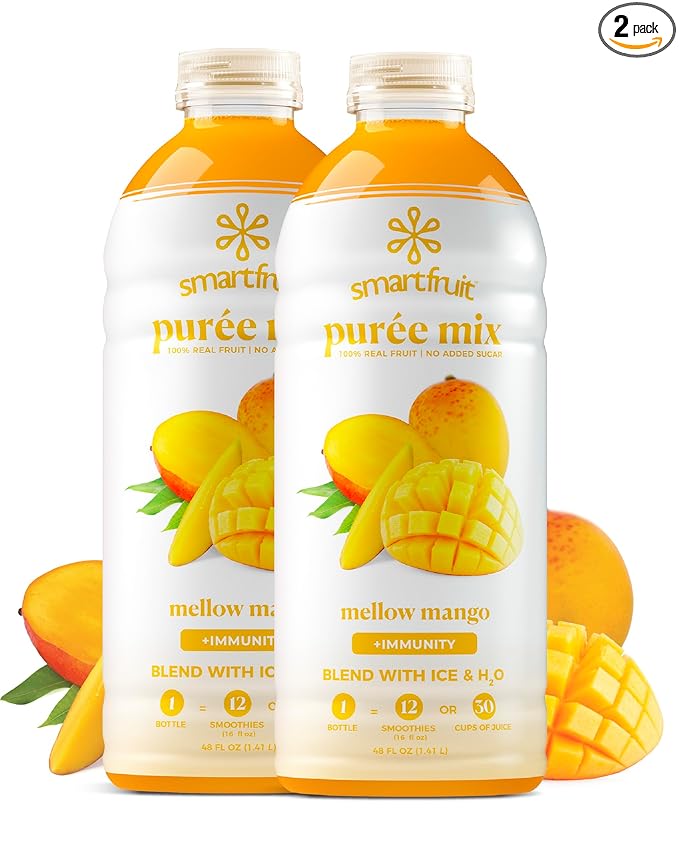 Smartfruit Mellow Mango + Immunity – 100% Real Fruit Purée w/Mango, Banana, Apple, Pineapple – Great for Smoothies, Juice, Yogurt, Cocktails, Tea – High in Vitamin C, Selenium, Zinc – 2-Pk, 48oz Each
