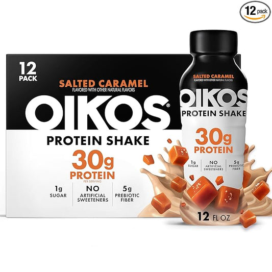 Oikos Protein Shake, Salted Caramel, 30g High Protein Drinks, Shelf Stable, Ready to Drink, 5g Prebiotic Fiber, 12 fl oz Bottle, 12 Count