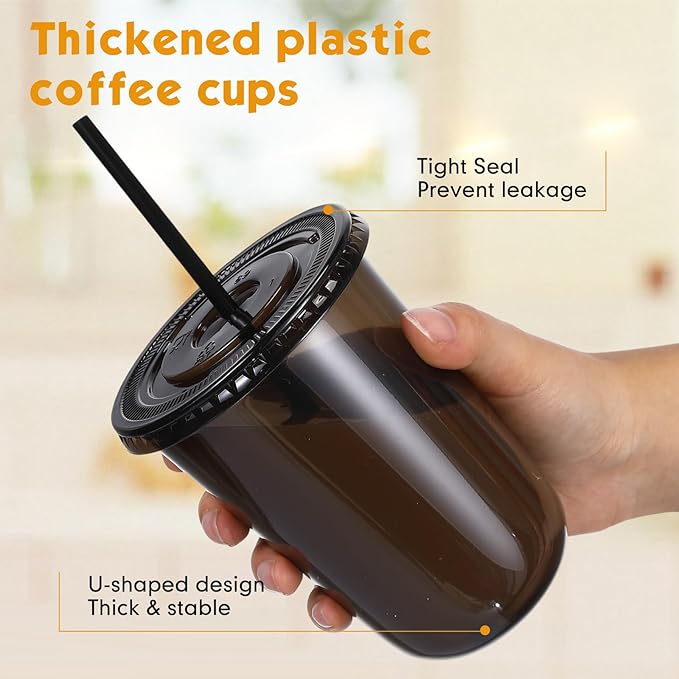 Ziliny 50 Sets Clear Plastic Cups with Lids and Straws, Disposable Iced Coffee Cups Drinking PET for Cold Drinks, Juice, Smoothie, Coffee Shops, Party, Christmas(Black,16 oz)