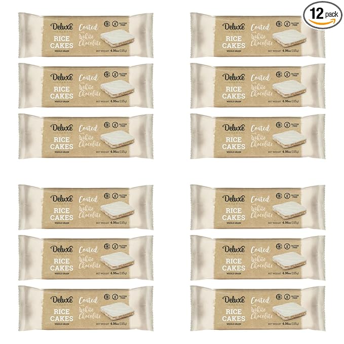 Deluxe & Bla Bla Thin and Crispy Strawberry Yogurt Chocolate Rice Cakes, Kosher Certified Dairy, Gluten Free, Nuts Free Snack Pack Of 12 (Pack of 12, White Chocolate)