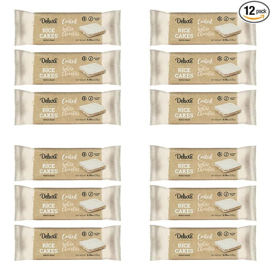 Deluxe & Bla Bla Thin and Crispy Strawberry Yogurt Chocolate Rice Cakes, Kosher Certified Dairy, Gluten Free, Nuts Free Snack Pack Of 12 (Pack of 12, White Chocolate)