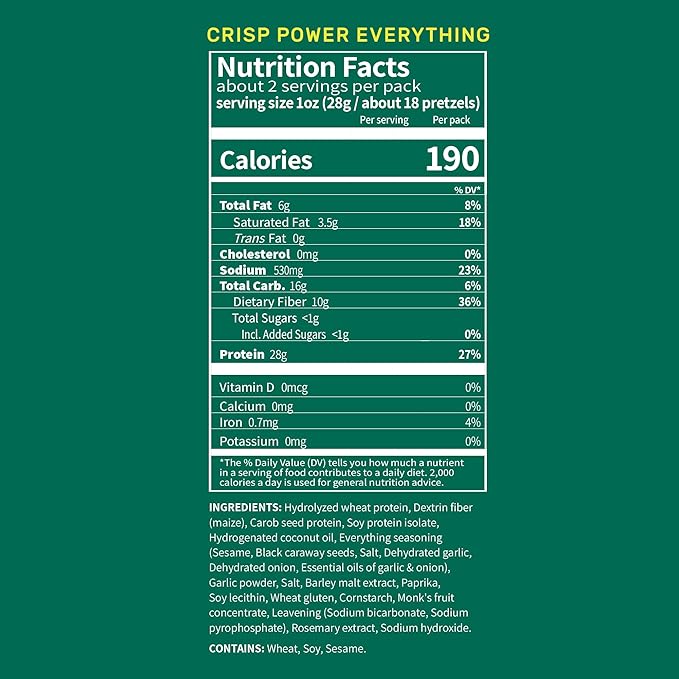 Crisp Power Protein Pretzels, Everything, High Protein Snack, 28G Protein, Low Carb Crunchy Pretzel Snacks, No Added Sugar, No Seed Oils, 1.75 oz Bags, 24 Pack, Vegan, Plant-Based, Keto
