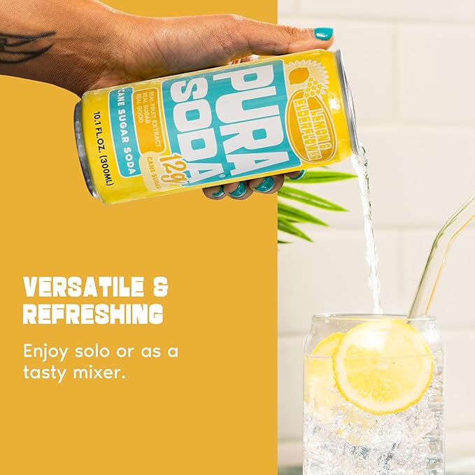 PuraSoda® Lemon & Elderflower | Low-Calorie, Cane Sugar Soda Beverage | Non-GMO, Vegan | Made with Pure Cane Sugar, Clean & Refreshing | 10.1 fl oz (300ml) Cans, Pack of 24