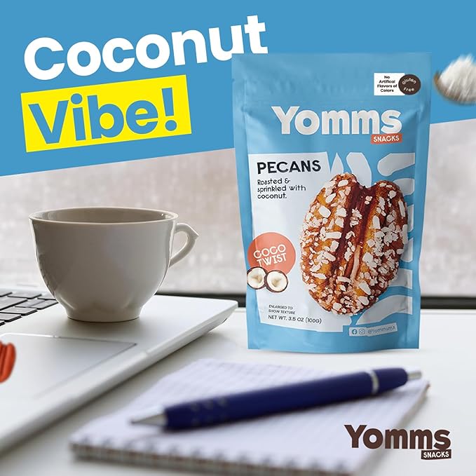 Yomms Coco Twist Glazed Whole Pecan Halves, 15.6 oz (12 Pack), Gluten-Free & Non-GMO Healthy Dessert Snacks – Low Sugar Coconut & Crunchy Candied Nut Pouches – Gourmet Roasted Snacking Pecans – 1.3oz Individual Bags