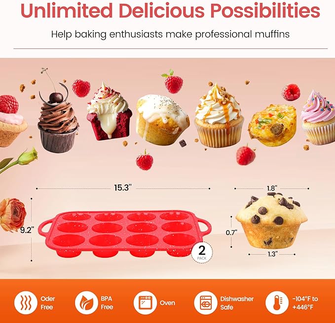 Fimary Silicone Muffin Pans for Baking, with Metal Reinforced Frame, Dishwasher Safe BPA Free Nonstick Silicone Cupcake Pan 12 Cups for Baking Homemade Muffins, Cupcakes - 2 Pack