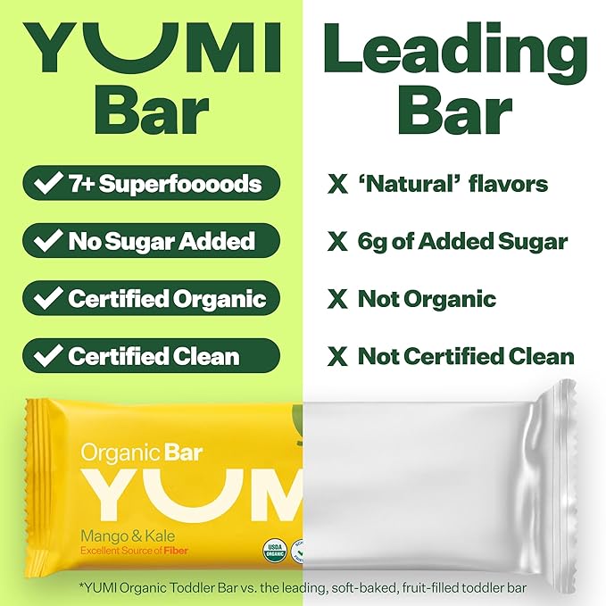 Yumi Organic Toddler Snacks Bars - Gluten-Free, No Added Sugar, 7+ Vegetables, Soft-Baked Crust Yumi Bars, Healthy Toddler Organic Snacks - School Safe and for Lunch Boxes, Mango & Kale (30ct.)
