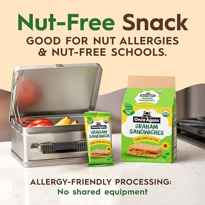 Once Again Sunflower Butter Graham Sandwiches - Gluten Free Snacks for Kids & Adults - Sandwich Crackers with Organic Sunflower Seed Butter - Vegan, Nut Free Snacks for Lunch & School, 24 Count