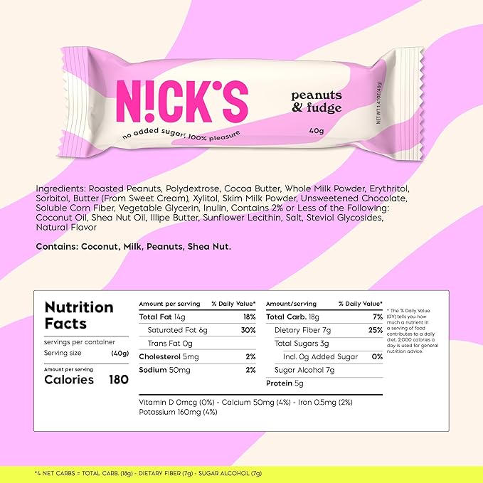 NICKS Peanuts and Fudge Keto Chocolate Candy Bars No Added Sugar 180 Calories, 3.0 Net carbs, Gluten Free Sweets Low carb Candy Snack Bar – 15-Pack (40g Each)