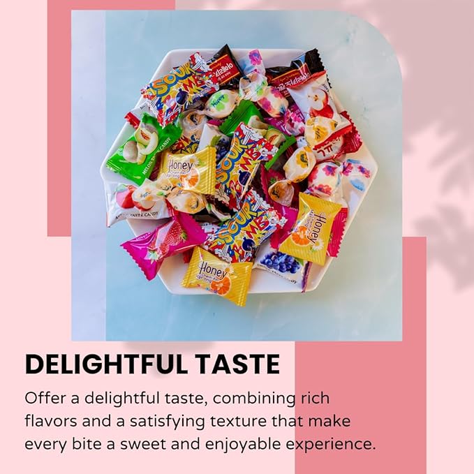 Japanese and Korean Candy Variety Gift Box - Korean, Japanese, Chinese, Taiwanese, and Vietnamese Snacks, 2.1 lb bulk, 200 individually wrapped gummies, taffy, chews, and hard candies