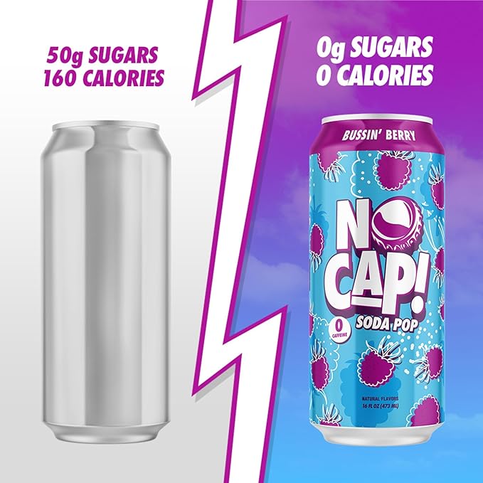 NO CAP! Next Gen Soda Pop with Zero Sugar, Zero Calories and Electrolytes for Hydration, Naturally Flavored Caffeine-Free Soda, Vegan & Gluten-Free, 16 oz Cans (Variety Pack)