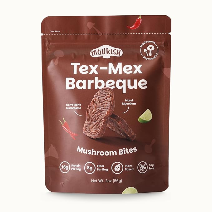 Mourish Vegan Mushroom Bites, Tex-Mex BBQ, 1 Pack (2 oz), Good Source of Protein and Fiber, Plant Based Meat Jerky, Medium to High Heat, Meatless Healthy Snacks for Hiking, Work, Travel & School