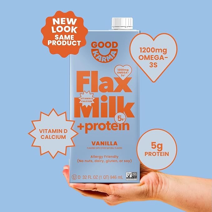 Good Karma Vanilla Flaxmilk +Protein, 32 Ounce (Pack of 6), 5g Plant Protein + 1200mg Omega-3 Per Serving, Plant-Based Non-Dairy Milk Alternative, Lactose Free, Nut Free, Vegan, Shelf Stable
