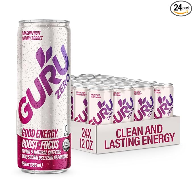 GURU ZERO SUGAR Dragon Fruit Cherry Sorbet Organic Energy Drink with Plant Based Natural Caffeine from Green Tea, Coconut Water, Prebiotic, Zero Added Sugars, Gluten Free & Vegan, Pre Workout, 140MG Caffeine, 12 Oz (Pack of 24)