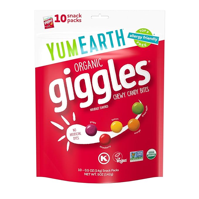 YumEarth Organic Giggles Chewy Candy – Allergy Friendly, No Artificial Dyes, Non GMO, Gluten Free, Fruit Flavored, Vegan Candy Snacks 0.5 oz (Pack of 120)