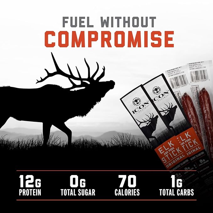 ICON Meats Elk and Pork Snack Sticks, Original, 24 Pack of High Protein Snacks, Sugar Free, Natural Jerky Meat Sticks, Gluten Free, USDA Inspected, Made in the USA, Gifts or Stocking Stuffers