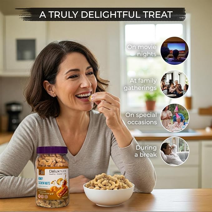 DELUXNUTS Premium Roasted Honey Cashew Crunch 21oz | Sweet Honey Roasted Cashews Gift, Whole Cashew Nuts Snack Mix, Healthy Gourmet Snack for Adults, High Protein, Gluten-Free, Premium Holiday Gift Idea