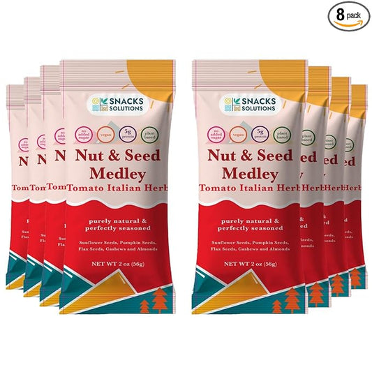 Snacks Solutions Nut and Seed Medley (2 oz - Pack of 8, Tomato Italian Herbs) Vegan, Plant Based, Gluten Free, No Added Sugar