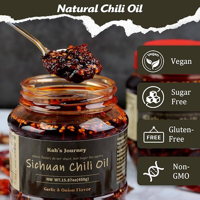 Kah's Journey Xtra Spicy Original Szechuan Chili Oil - 15.87oz (450g) Spicy Chili Crisp, Vegan, Sugar Free Hot Sauce, Great for Noodles, Dumplings, Vegetables, Meats