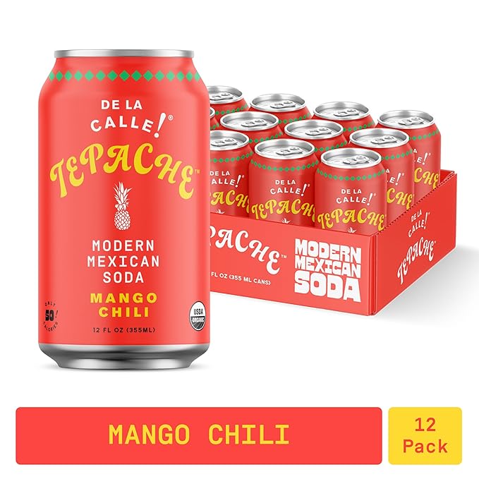 De La Calle Tepache - Mango Chili - Modern Mexican Soda - Craft Fermented Pineapple Sparkling Beverage - Certified Organic, Antioxidant Rich, Non-Alcoholic, Healthy Soda, Low Sugar, Low Calorie, Non-GMO