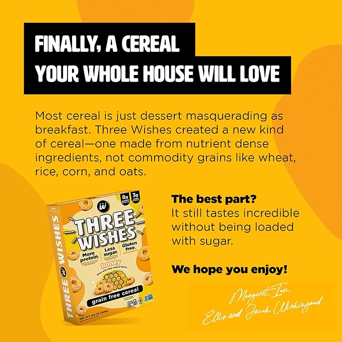 Three Wishes Grain-Free & Protein Cereal - Healthy, Low Sugar & Gluten-Free Breakfast Cereal - Low Carb, Plant-Based, Vegan & Non-GMO - Honey, 6-Pack