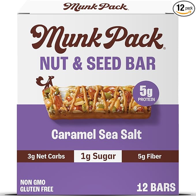 Munk Pack Caramel Sea Salt Nut & Seed Snack Bars | 6g Protein, 1g Sugar, 3g Net Carbs | Keto Friendly, Plant-Based, Gluten-Free, Low Sugar Snacks | 12 Count (4.92 oz)