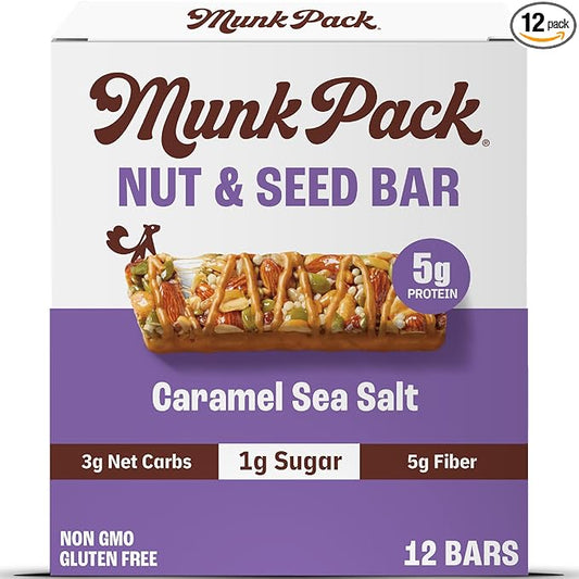 Munk Pack Caramel Sea Salt Nut & Seed Snack Bars | 6g Protein, 1g Sugar, 3g Net Carbs | Keto Friendly, Plant-Based, Gluten-Free, Low Sugar Snacks | 12 Count (4.92 oz)