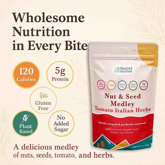 Snacks Solutions Nut and Seed Medley (5 oz -Pack of 6, Tomato Italian Herbs) Natural and Perfectly Seasoned, Sunflower Seeds, Pumpkin seeds, Cashews and Almonds, Kosher and Gluten Free