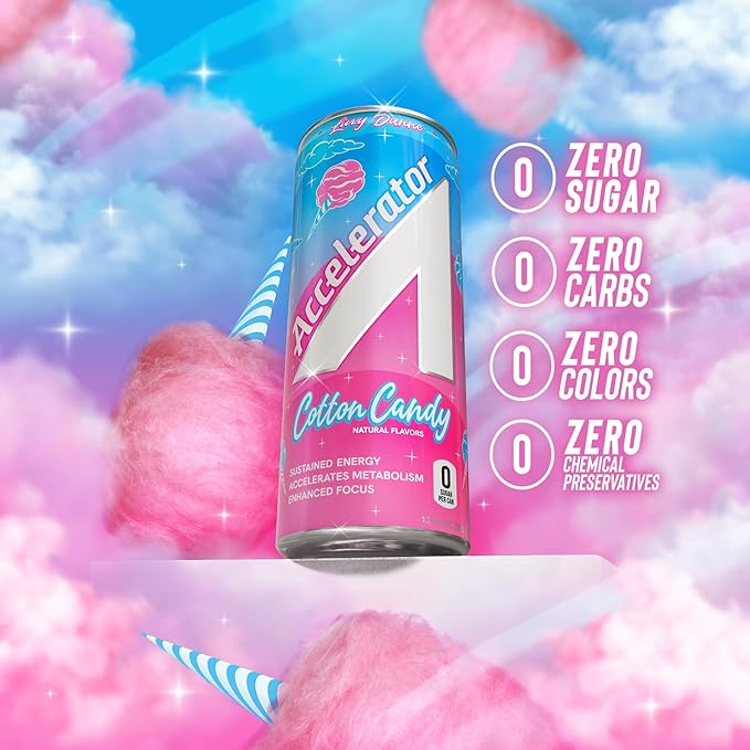 Accelerator Energy Drink, Cotton Candy 12oz can (12 pack), Zero Sugar, Sustained Energy from 100% Natural Caffeine (200mg from Green Coffee Bean & Green Tea extract)