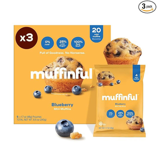 Muffinful Triple Blueberry Mini Muffins – Bakery Fresh Bite-Sized Treats – 60 Muffins Total (15 Packs of 4) – Less Sugar, Nothing Artificial, Individually Wrapped