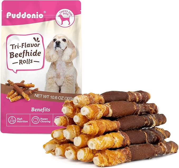 Puddonio Dog Treats, Triple Flavor Rawhide Sticks, Chicken, Duck & Chicken Liver, Chews for Medium & Small Dogs, 10.58 oz