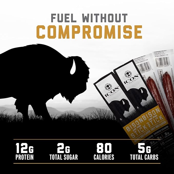 ICON Meats Bison and Pork Snack Sticks, Honey BBQ, 24 Pack of High Protein Snacks, Low Sugar, Natural Jerky Meat Sticks, Gluten Free, USDA Inspected, Made in the USA, Gifts or Stocking Stuffers