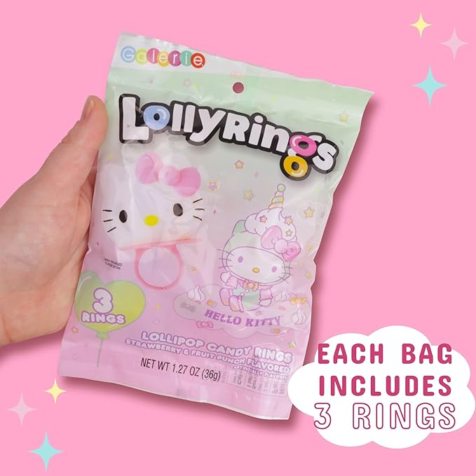 Hello Kitty Lollipop Rings, Strawberry and Fruit Punch Flavored Suckers, Themed Party Favors, 3 Count Bag, 1.27 Ounces (18 Pack)