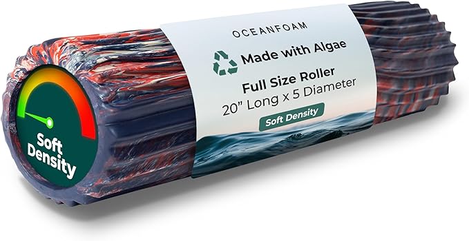 Oceanfoam Soft Tidal Roller (Dark Navy, Red and Natural Marbled) - Low Density Foam Roller for Physical Therapy, Back Pain, Exercise & Stretching - Wave Textured - Yoga, Wellness - Full Size, 20" x 5"