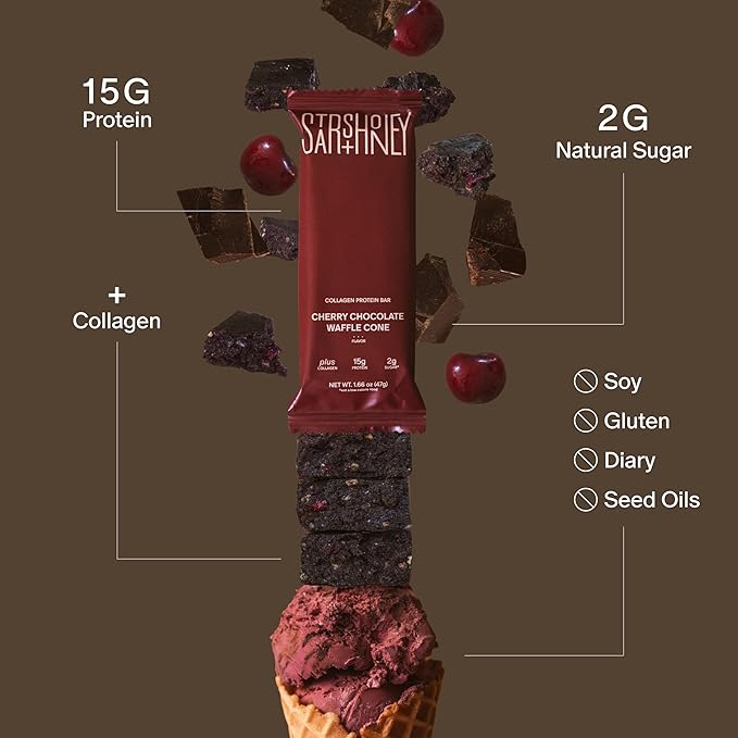 Stars + Honey Protein Bars - Cherry Chocolate Waffle Cone, 15g Protein, 2g Sugar, w/Collagen Keto Friendly Snack - Gluten, Dairy, Seed Oil, & Soy Free - High-Protein Snacks for Energy -10 pack