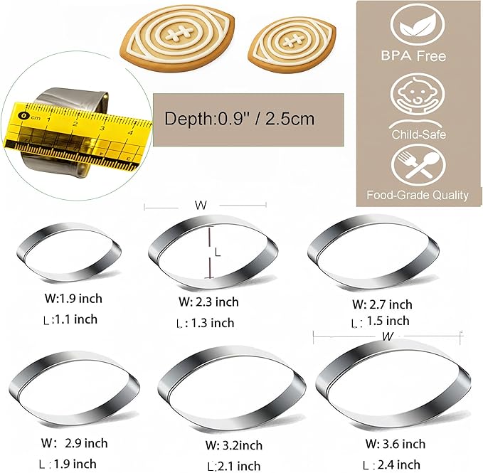 6pcs Football Cookie Cutter Set with 50pcs Tipless Piping Bags, Stainless Steel Football Biscuit Molds for Parents-Kids Baking, DIY Sport Theme Party Cookies, Family/Workshop Baking & Decoration Kit