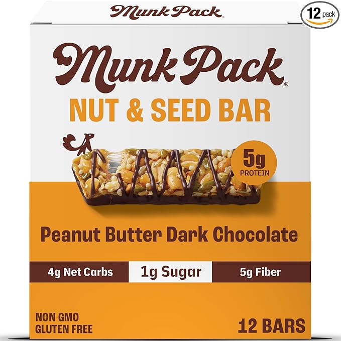 Munk Pack Peanut Butter Dark Chocolate Nut & Seed Snack Bars | 5g Protein, 1g Sugar, 3g Net Carbs | Plant-Based, Low Sugar, Non-GMO, Gluten-Free Snacks | 12 Count (4.92 oz)
