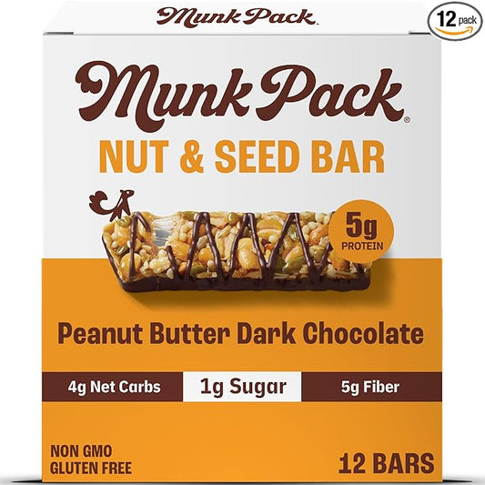 Munk Pack Peanut Butter Dark Chocolate Nut & Seed Snack Bars | 5g Protein, 1g Sugar, 3g Net Carbs | Plant-Based, Low Sugar, Non-GMO, Gluten-Free Snacks | 12 Count (4.92 oz)