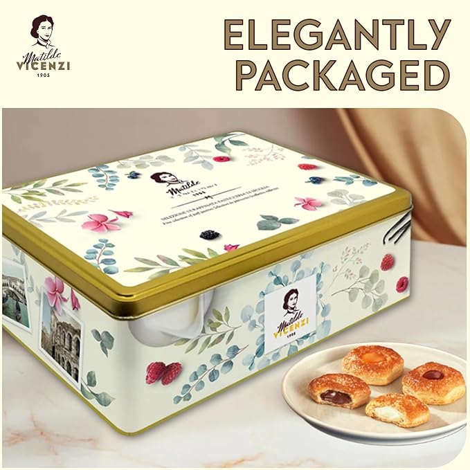 Pasticceria Matilde Vicenzi 5 O'Clock Tea Time Cookie Assortment Gift Tin - Butter Pastries, Chocolate & Vanilla Filled Gourmet Cookies - Bakery Snacks Made in Italy for Gifting - 13.76oz (390g)