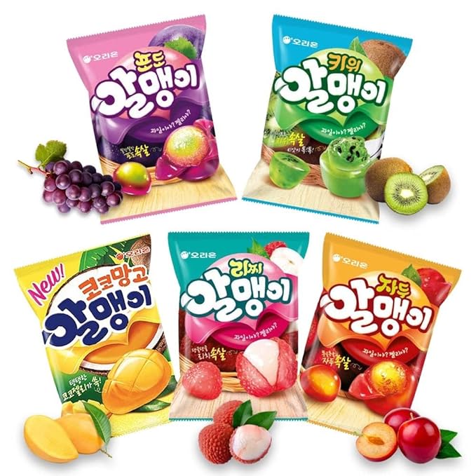 Korean Fruit Jelly Candy – Assorted Chewy Gummy Snacks – 5 Fruity Flavors (Grape, Plum, Lychee, Kiwi, Mango) – Individually Wrapped – Perfect for Kids & Adults – 알맹이젤리 (5 Flavor Mix–2.86oz(81g) × 5pack)