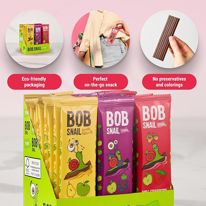 BOB SNAIL Healthy Fruit Snacks for Kids and Adults–30 Fruit Leather Snacks with Apple-Pear, Strawberry, Black Currant–Vegan Low-Carb Variety Pack Strips for Kids–Sugar Free Jerky Bars