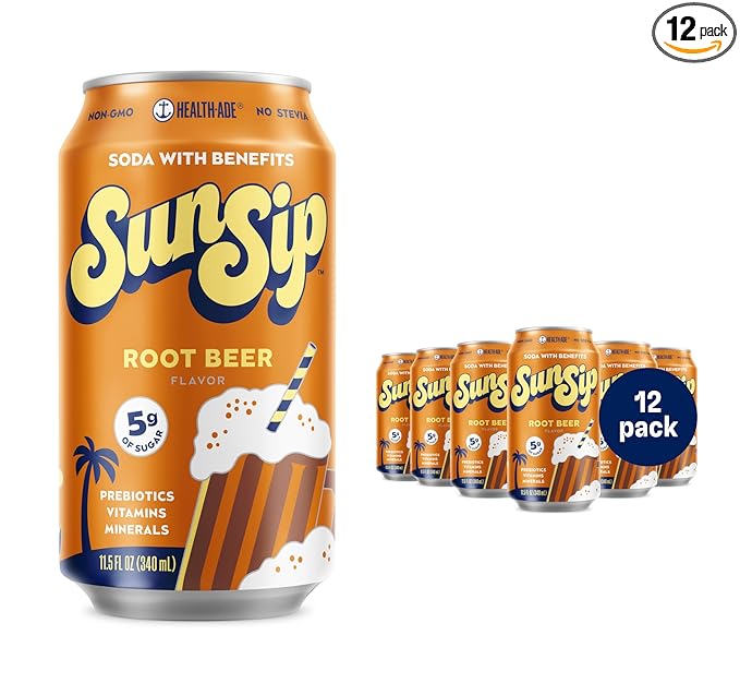 SunSip Prebiotic Soda With Benefits - Gut-Healthy Beverage with Vitamins and Minerals, 35 Calories, Soda Alternative, Naturally Sweetened with 5g of Sugar, 11.5 oz (12 Pack) Root Beer