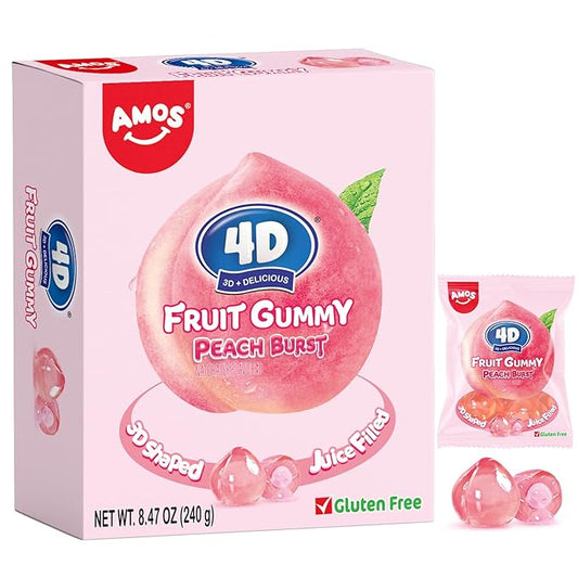 AMOS 4D Gummy Candy Peach Burst – 3D Peach Shaped, Jelly-Filled, Natural Flavor Fruit Gummy – 240g Box (Pack of 10) – Fruit-Filled Gummy Treats for Kids & Adults