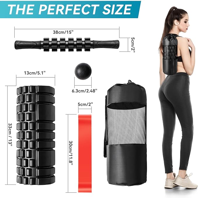 Krightlink 5 in1 Foam Roller Set for Deep Tissue Muscle Massage, High Density Fitness Exercise Foam Roller, Massage Roller, Massage Ball, Resistance Band, for Whole Body (Black)