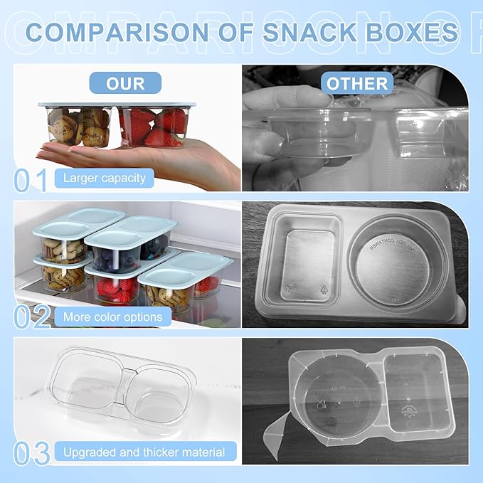 Reusable Snack Containers with Lids for Kids-Light Blue 10 PACK, [UNIQUE DESIGN 2-COMPARTMENT] BPA-Free/Microwave/Dishwasher Safe, Snack Bowls Container for On-the-Go Meals,Camping and Travel