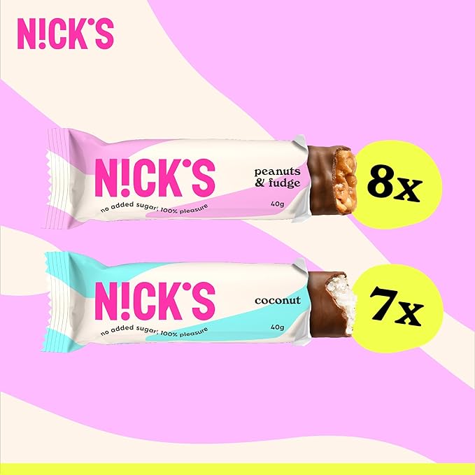 NICKS Keto Chocolate Candy Bars – Variety Pack, Coconut and Peanuts and Fudge, No Added Sugar, Low Carb, 180 Calories, Gluten-Free Sweets – 15-Pack (40g Each)