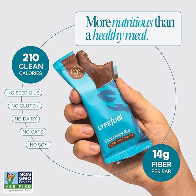 LyfeFuel Essential High Protein Bars | Meal Replacement, Vegan, 12g Plant-Based Low Carb Protein Bars for Intermittent Fasting - High Fiber, MCT Oil, 21 Organic Vitamins & No Sugar | 30 Servings | Fudgy Brownie