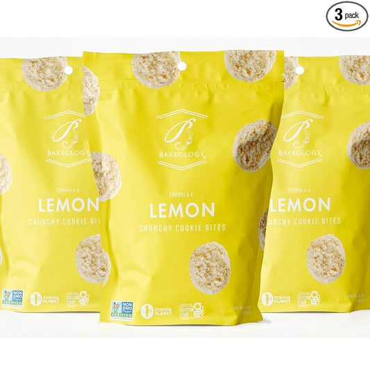 Bakeology Gluten Free Cookies - Lemon Crunchy Mini Vegan Lemon Cookies - Gluten Free Dairy Free Snacks - Enjoy Plant Based Dessert Sweets - Made with Coconut Oil and Pure Ingredients
