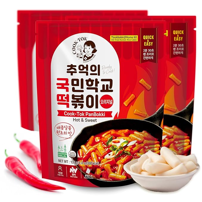 Korean Food Cooktok Tteokbokki sauce and rice cake Original, Stovetop Cooking (3packs, 1 Serving per Pack) | All in one, Rice Cakes and Seasoning Powders | Easy and Quick, Ready to Cook 추억의 국민학교 떡볶이